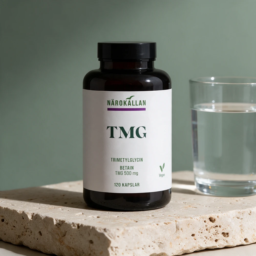 Närokällan TMG i brun boks, merket «TMG 500 mg» og «120 kapslar»
