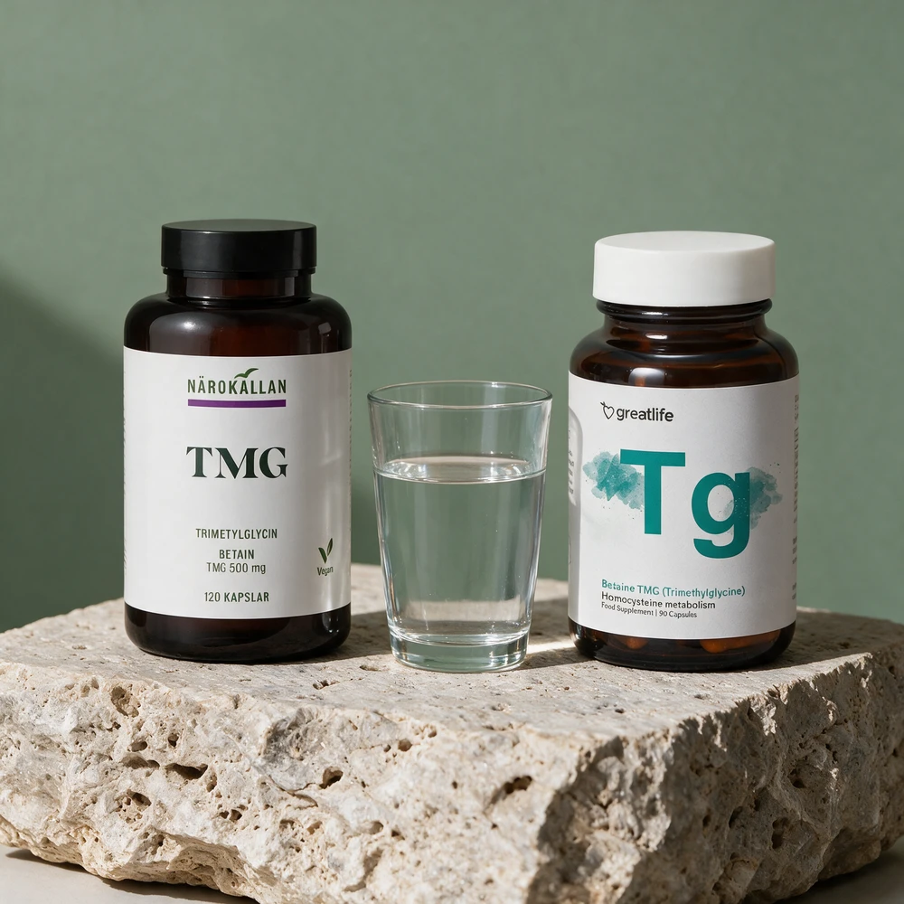 Närokällan TMG i brun boks og Greatlife TMG i brun glasskrukke