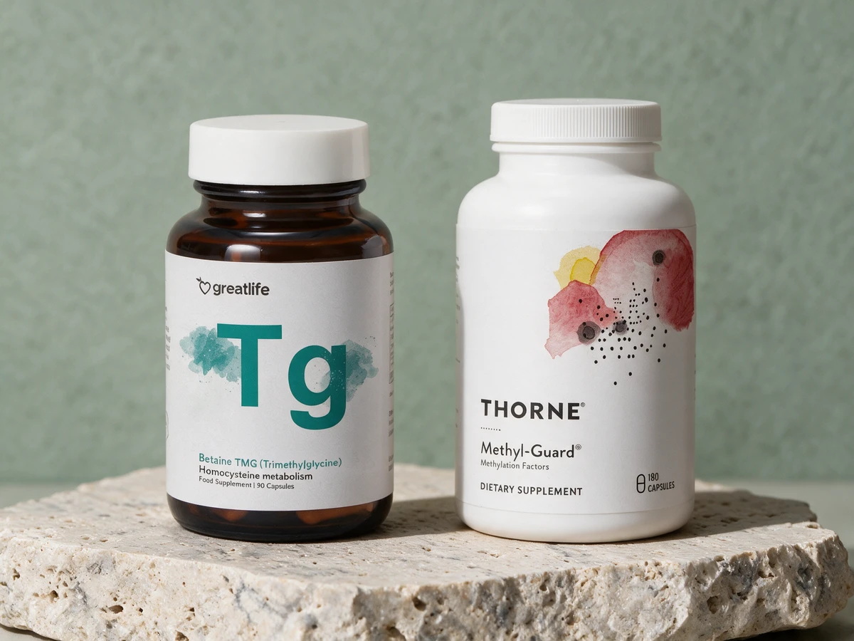 Greatlife TMG i brun glasskrukke og Thorne Methyl-Guard i hvit boks med akvarellmotiv