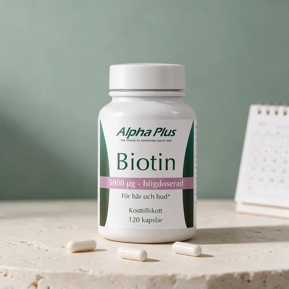 Alpha Plus Biotin 5000 µg, 120 kapsler, med tre kapsler og en kalender