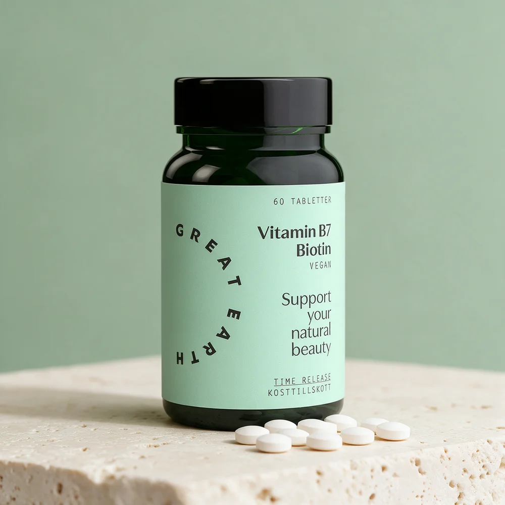 Great Earth Vitamin B7 Biotin, flaske merket Time Release, med runde tabletter