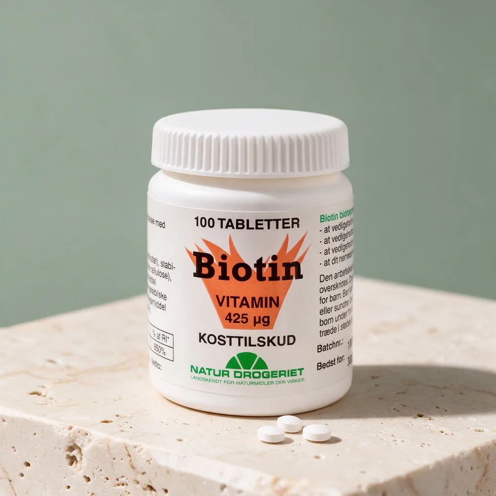 Natur Drogeriet Biotin 425 µg med tre runde, flate tabletter foran boksen