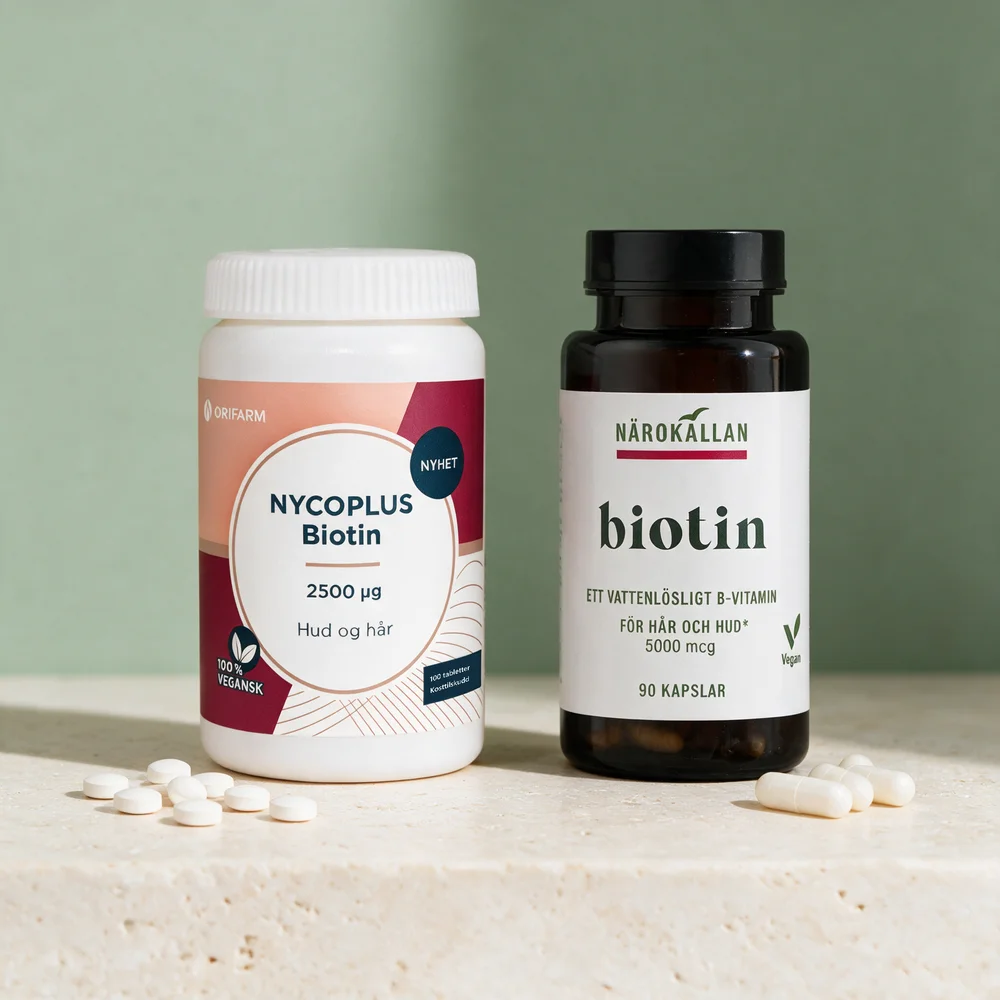 Nycoplus Biotin med tabletter og Närokällan Biotin 5000 med kapsler