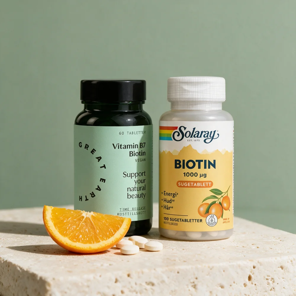 Great Earth Vitamin B7 Biotin med runde tabletter og Solaray Biotin sugetabletter med en appelsinbåt