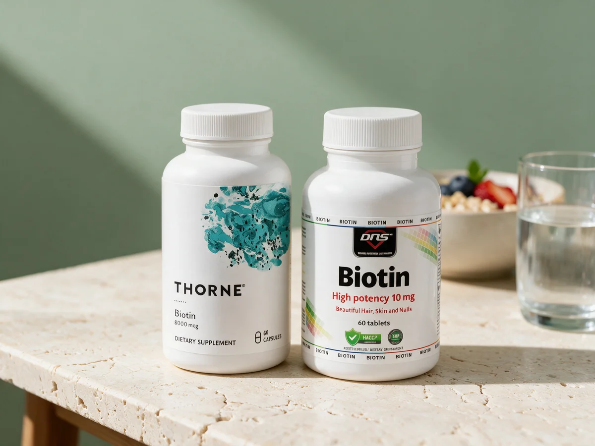 Thorne Biotin-8 og DNS Biotin med et vannglass ved siden av