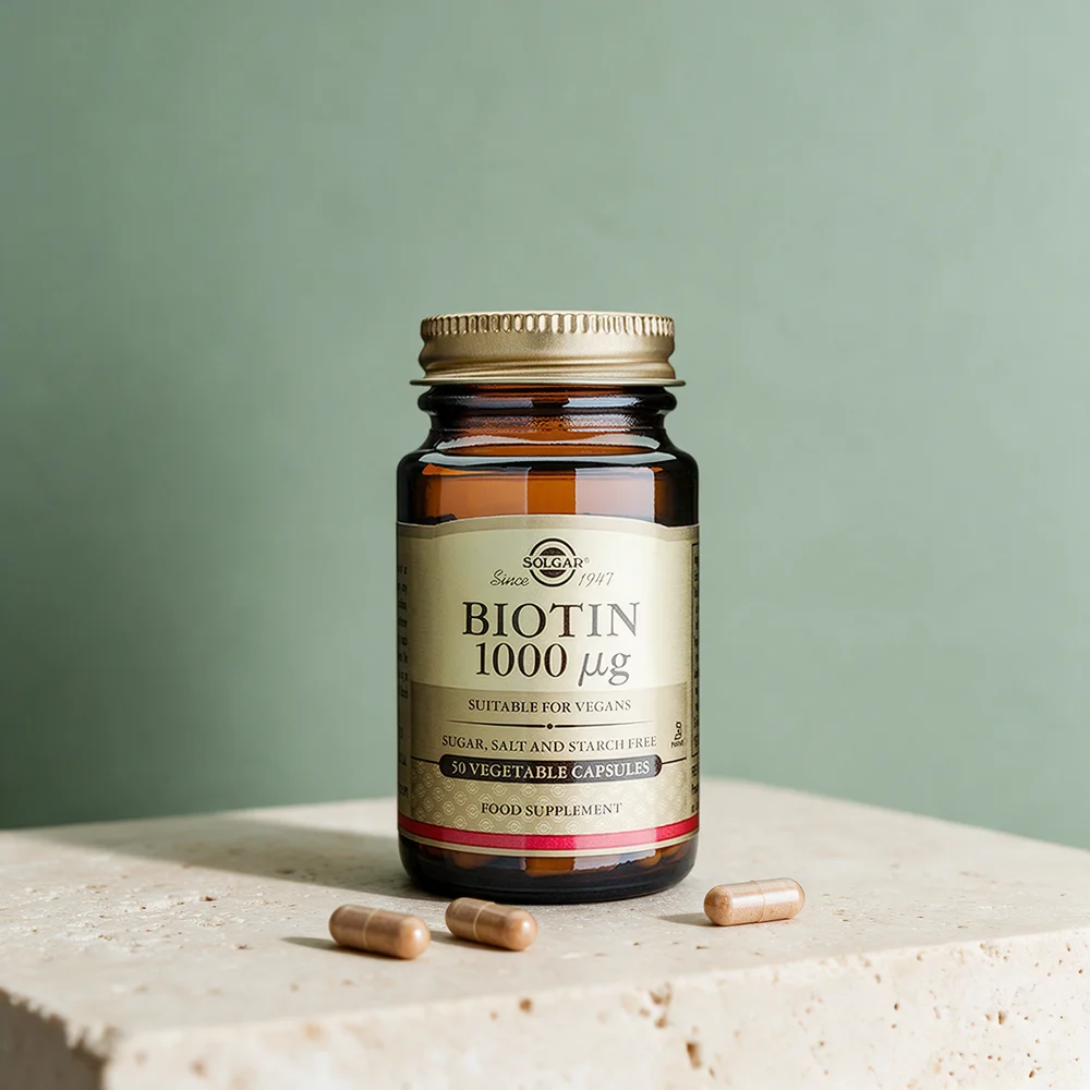 Solgar Biotin 1000 µg, mørkt glass med metallokk og tre kapsler