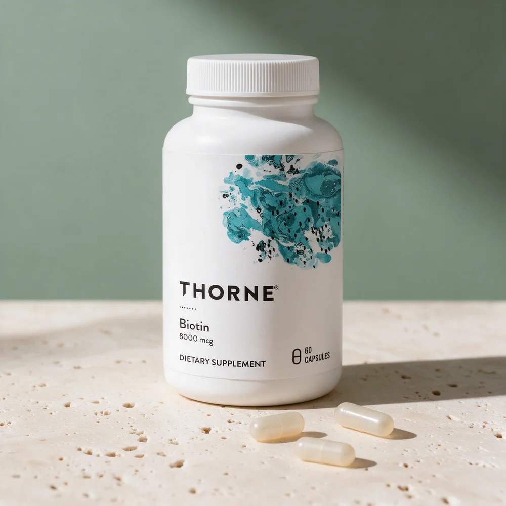 Thorne Biotin 8000 mcg med tre kapsler foran boksen
