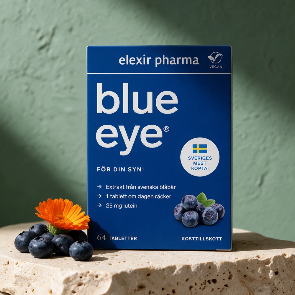 Elexir Pharma Blue Eye, eske med 64 tabletter, merket vegansk