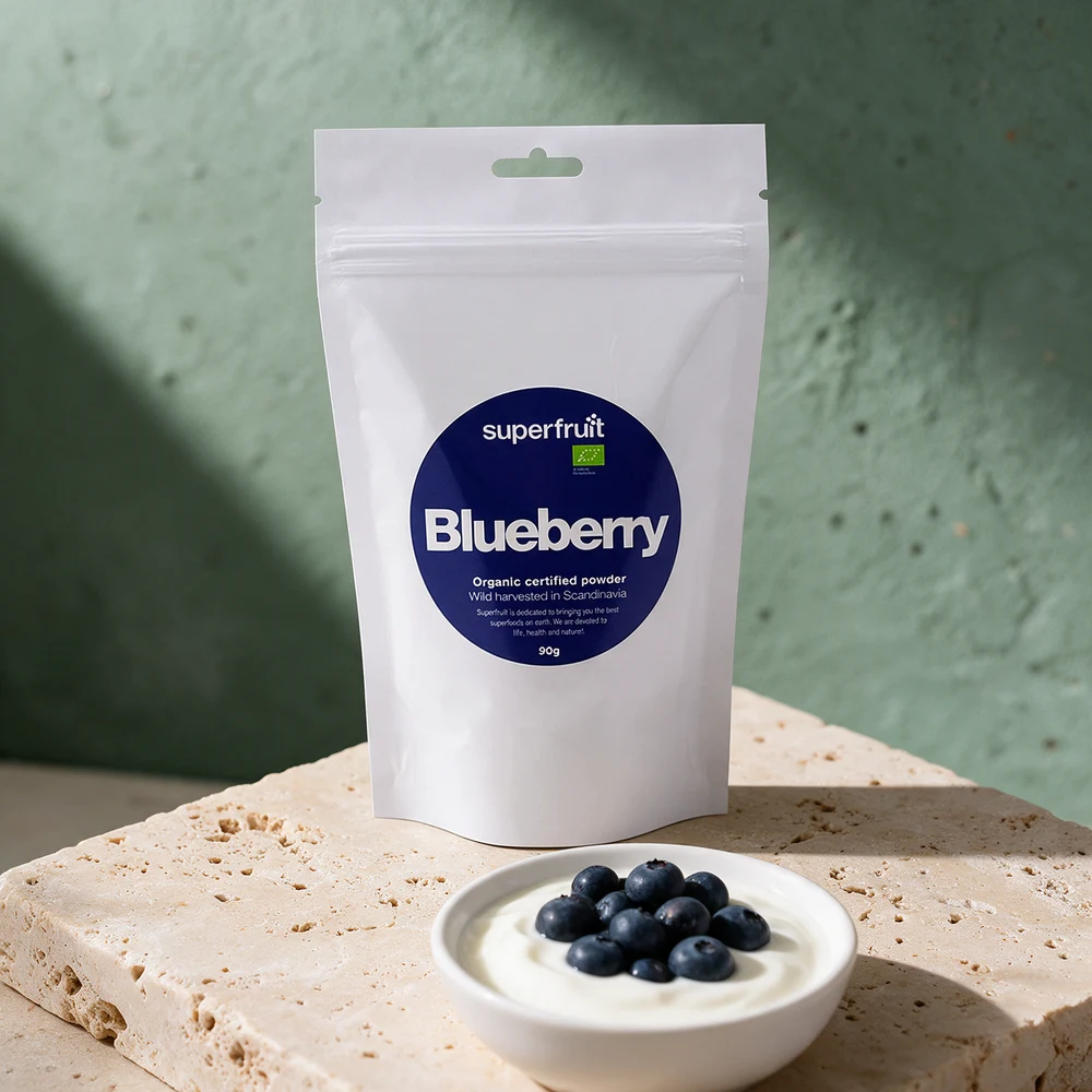 Superfruit Blueberry, pose med 90 g økologisk pulver av hele blåbær