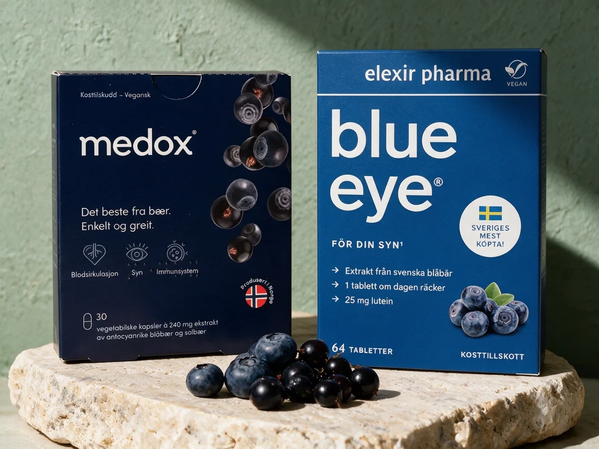 Medox Antocyaner, eske med 30 vegetabilske kapsler, og Elexir Pharma Blue Eye, eske med 64 tabletter, begge merket vegansk