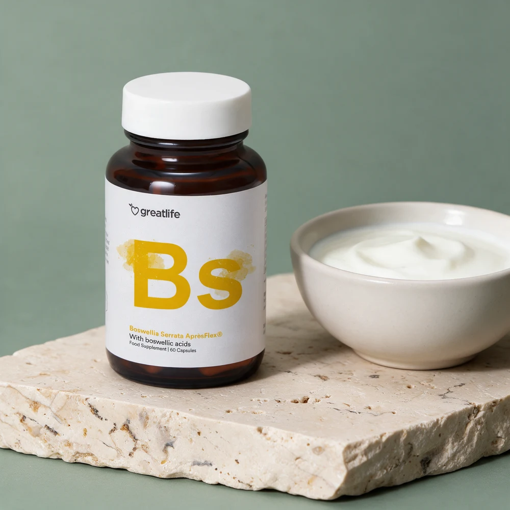 Greatlife Boswellia Serrata AprèsFlex, glasskrukke merket «With boswellic acids» og «60 Capsules»