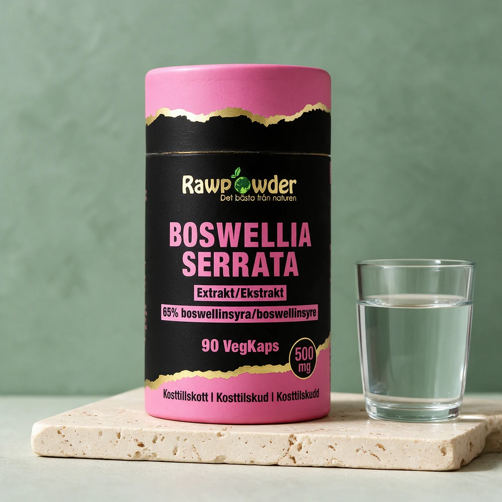 Rawpowder Boswellia Serrata Ekstrakt, rør merket «90 VegKaps» og «500 mg»