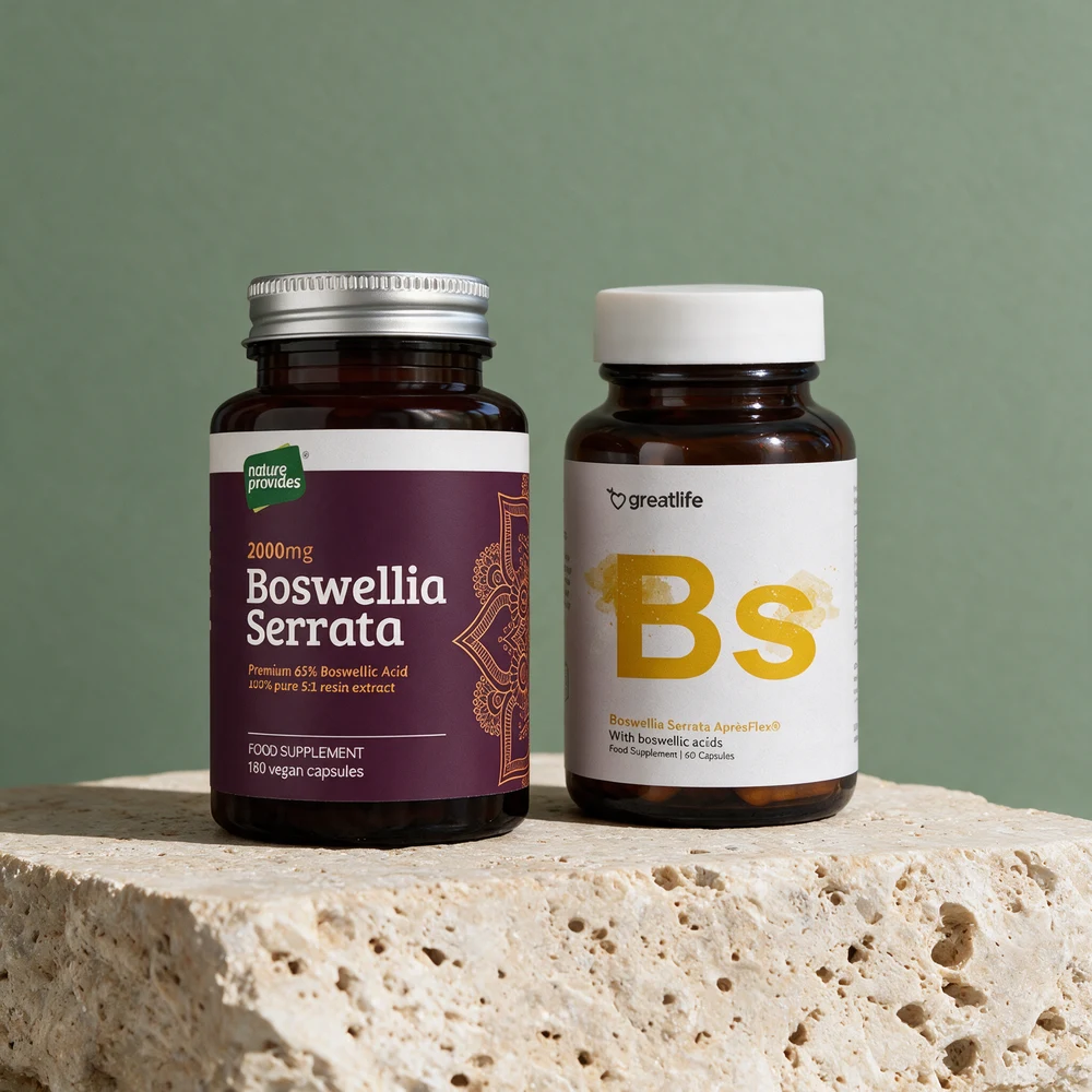 Nature Provides Boswellia Serrata, merket «65% Boswellic Acid», og Greatlife Boswellia Serrata AprèsFlex, merket «With boswellic acids»