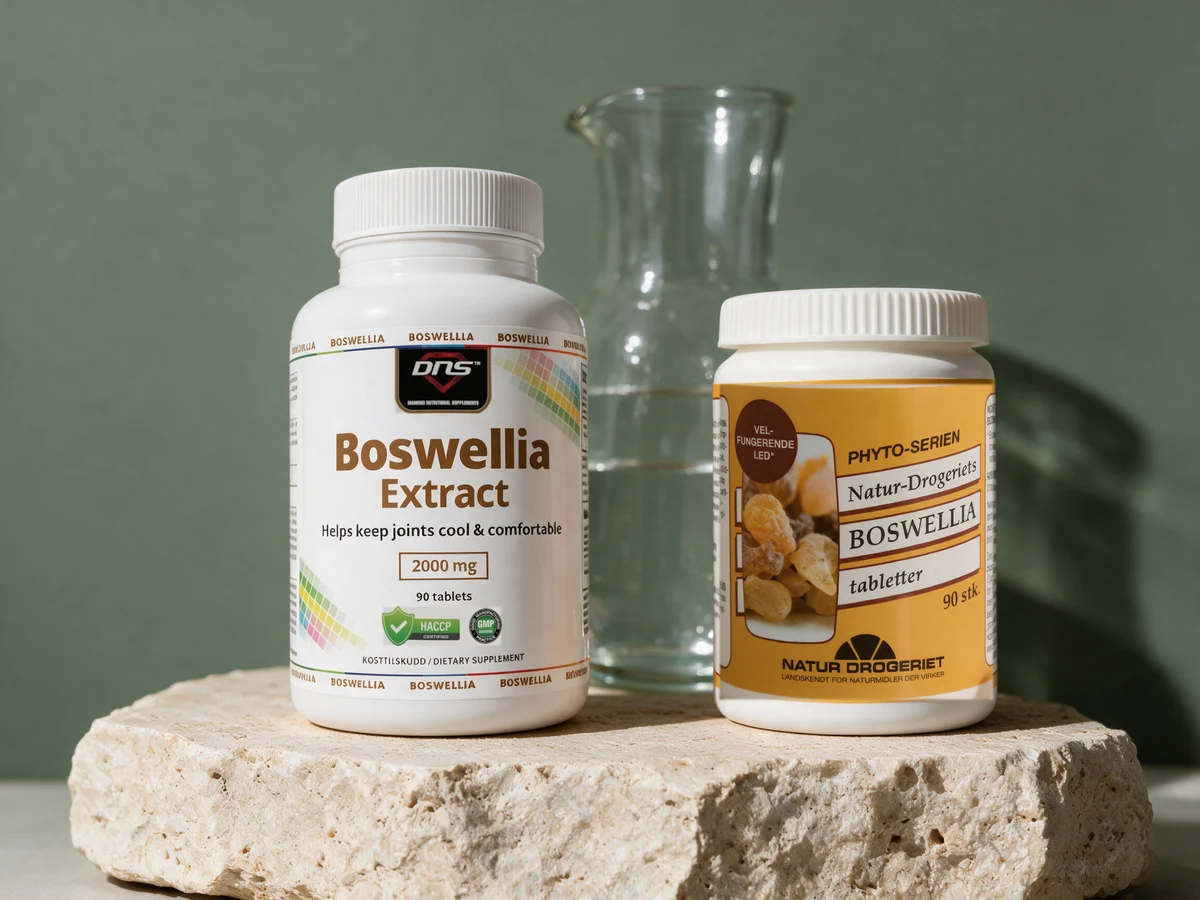 DNS Boswellia Extract, merket «90 tablets», og Natur-Drogeriet Boswellia tabletter, merket «90 stk.»