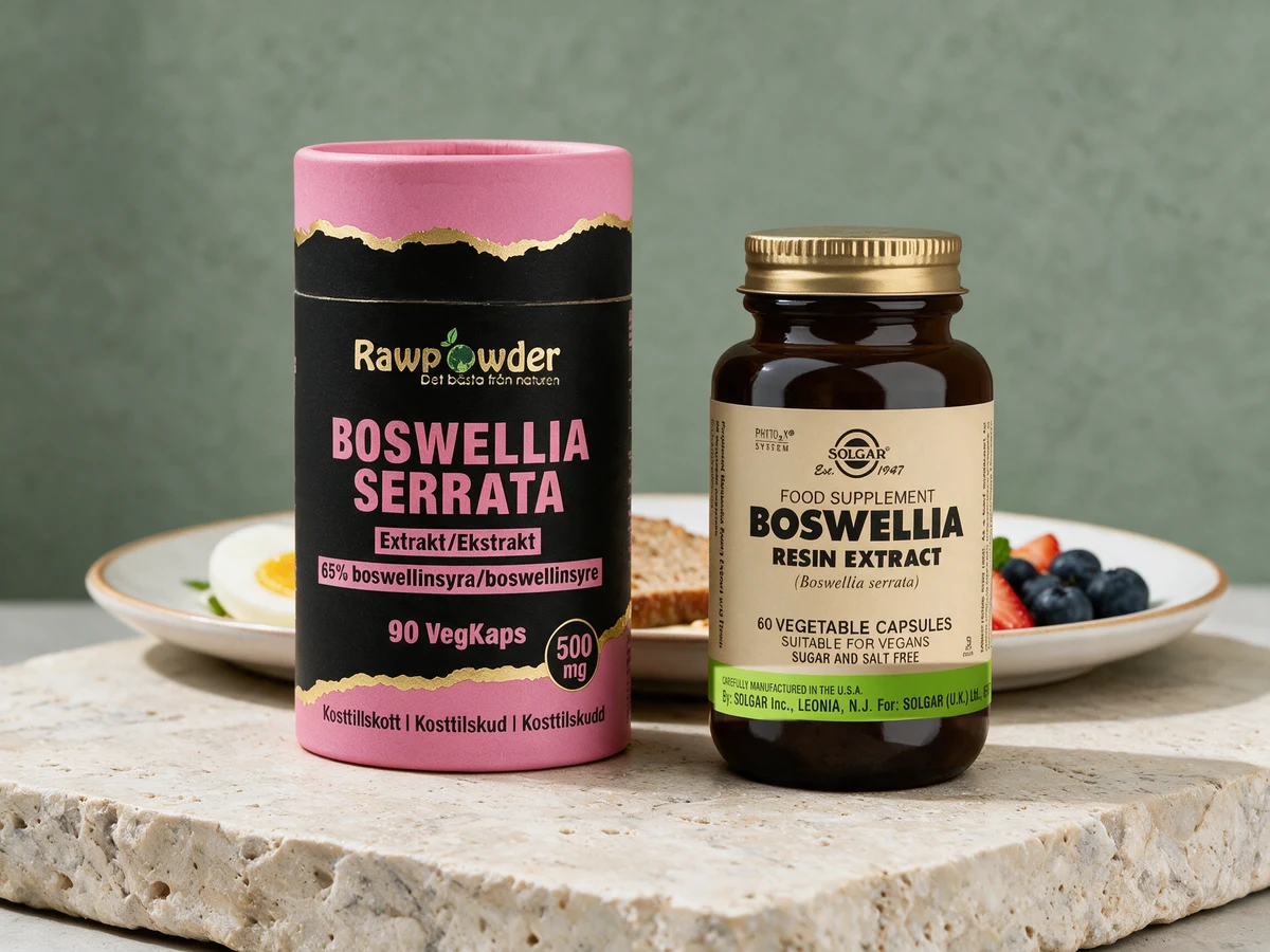 Rawpowder Boswellia Serrata Ekstrakt og Solgar Boswellia Resin Extract, to kapsler med hver sin måltidsregel