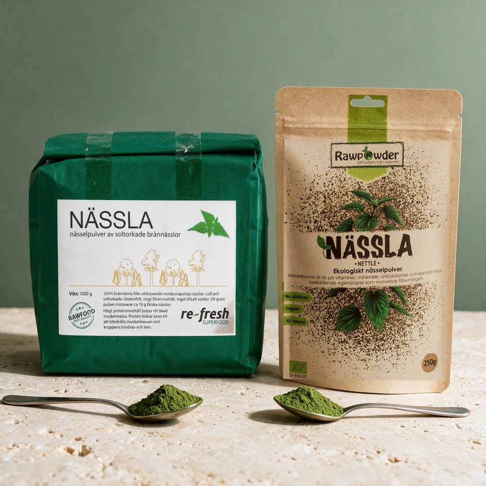Re-Fresh Brennesle Superfood og Rawpowder Økologisk Neslepulver, hver med en spiseskje grønt pulver foran posen