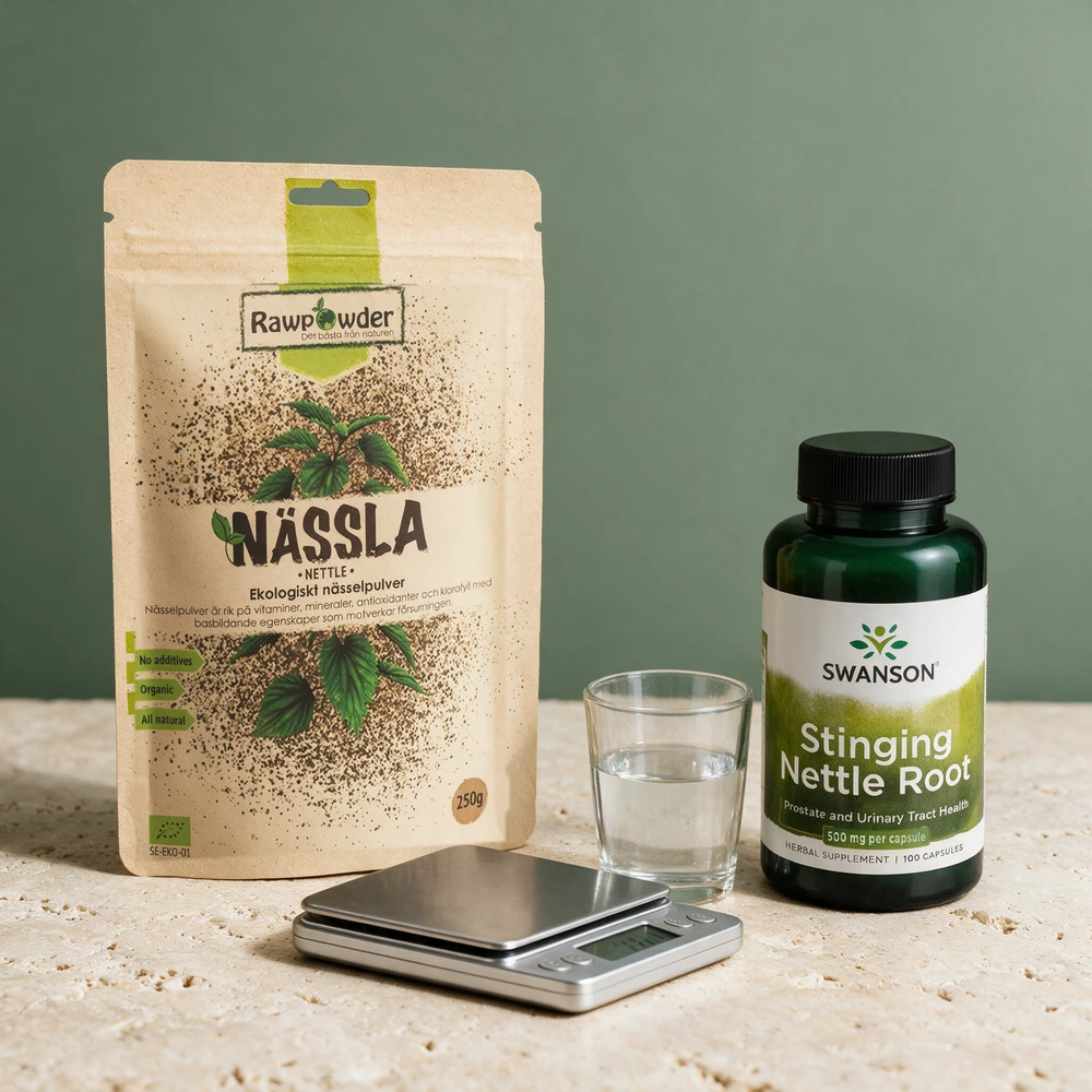 Rawpowder Økologisk Neslepulver i pose og Swanson Stinging Nettle Root i boks, med en liten kjøkkenvekt