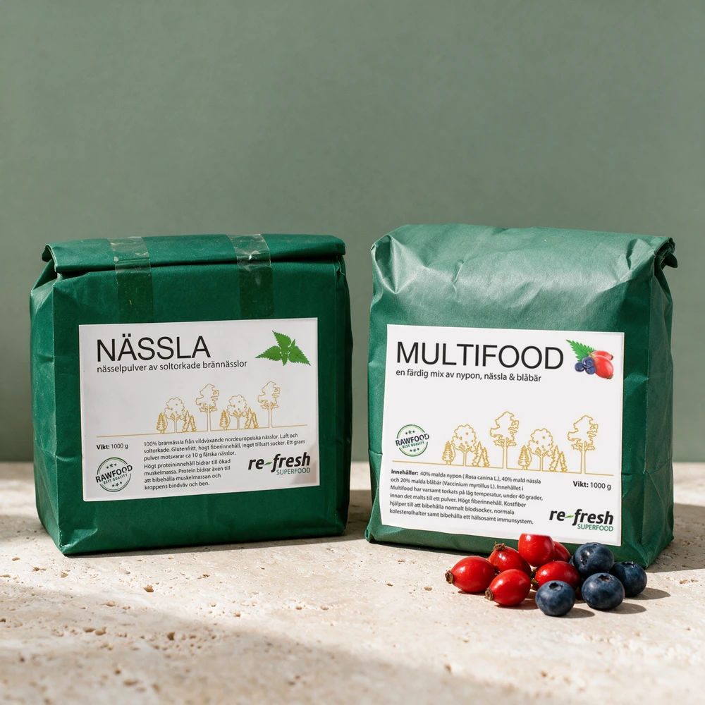 Re-Fresh Brennesle Superfood med bare brennesle og Re-Fresh Multifood med nype, brennesle og blåbær