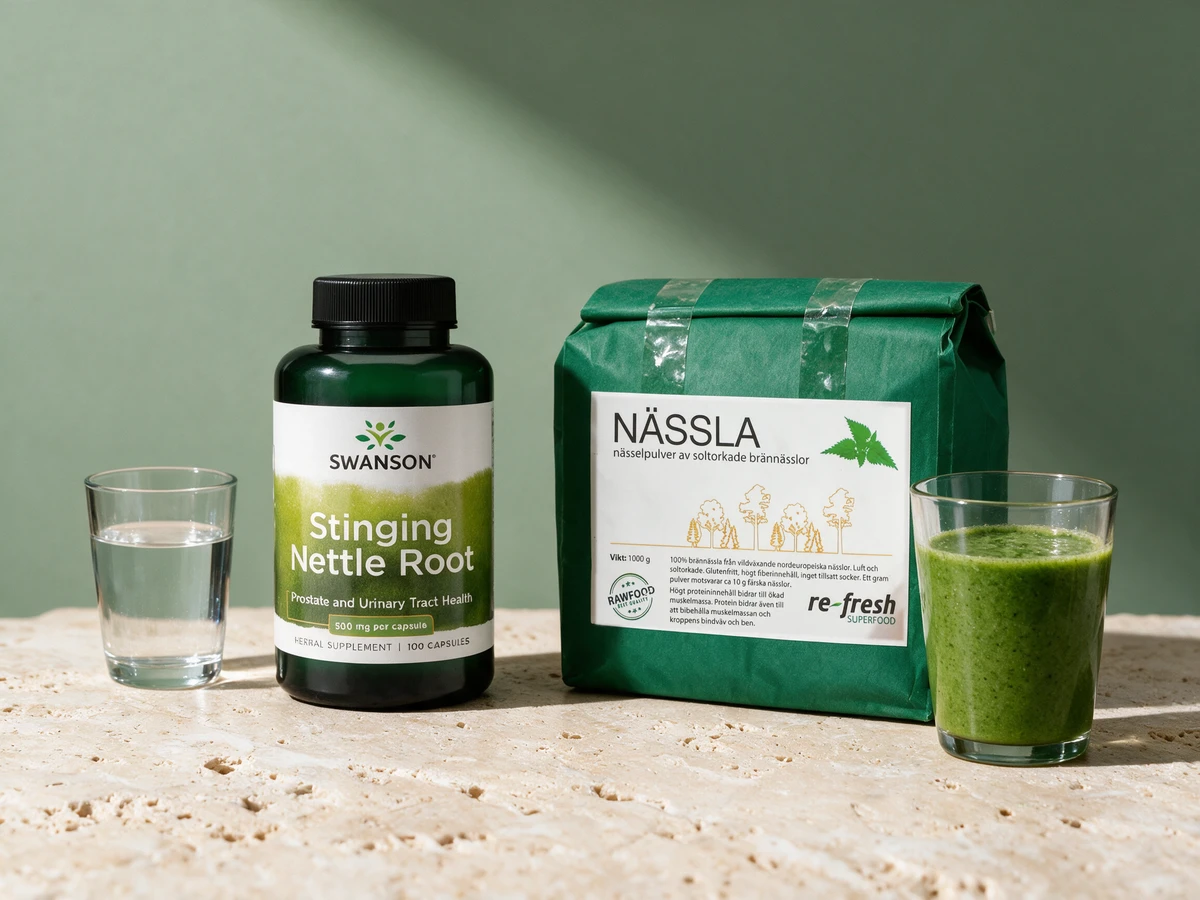 Swanson Stinging Nettle Root og Re-Fresh Brennesle Superfood, med vann til kapselen og en grønn smoothie til pulveret