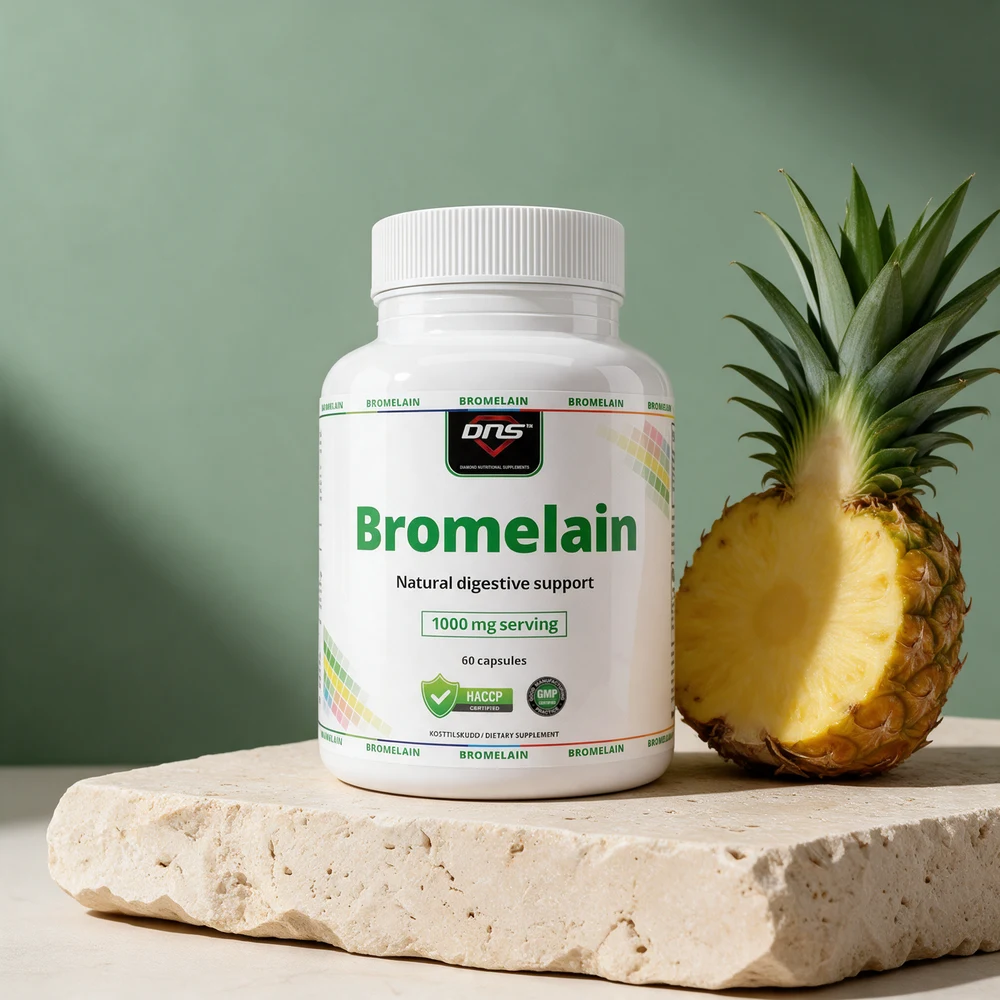 DNS Bromelain med «1000 mg serving» og 60 kapsler på etiketten