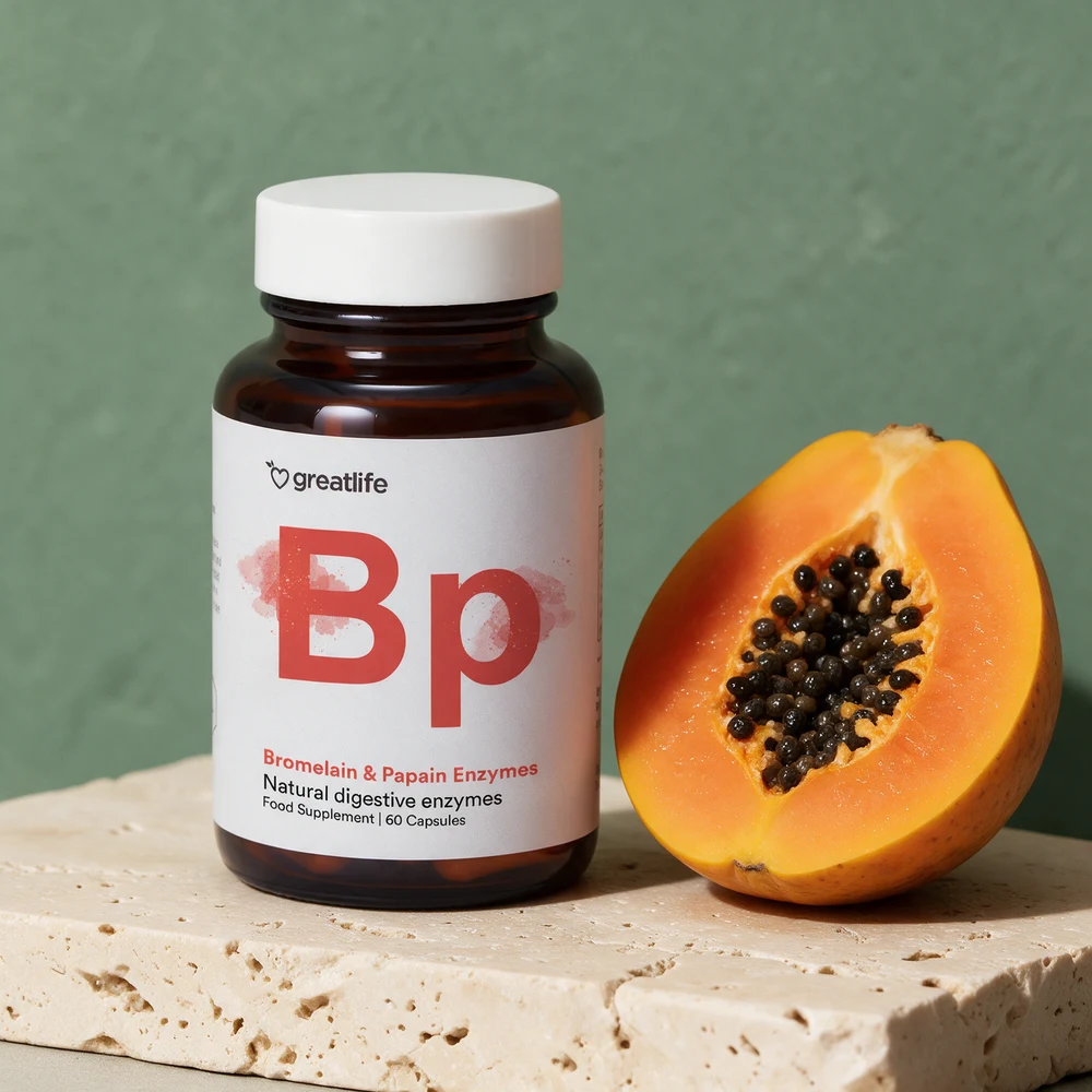 Greatlife Bromelain & Papain i mørk glasskrukke med 60 kapsler