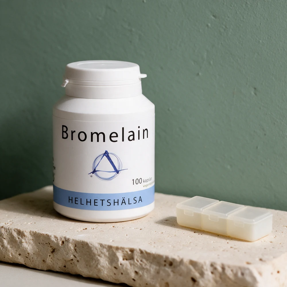 Helhetshälsa Bromelain med 100 kapsler i boks med klafflokk, og en dosett med tre rom