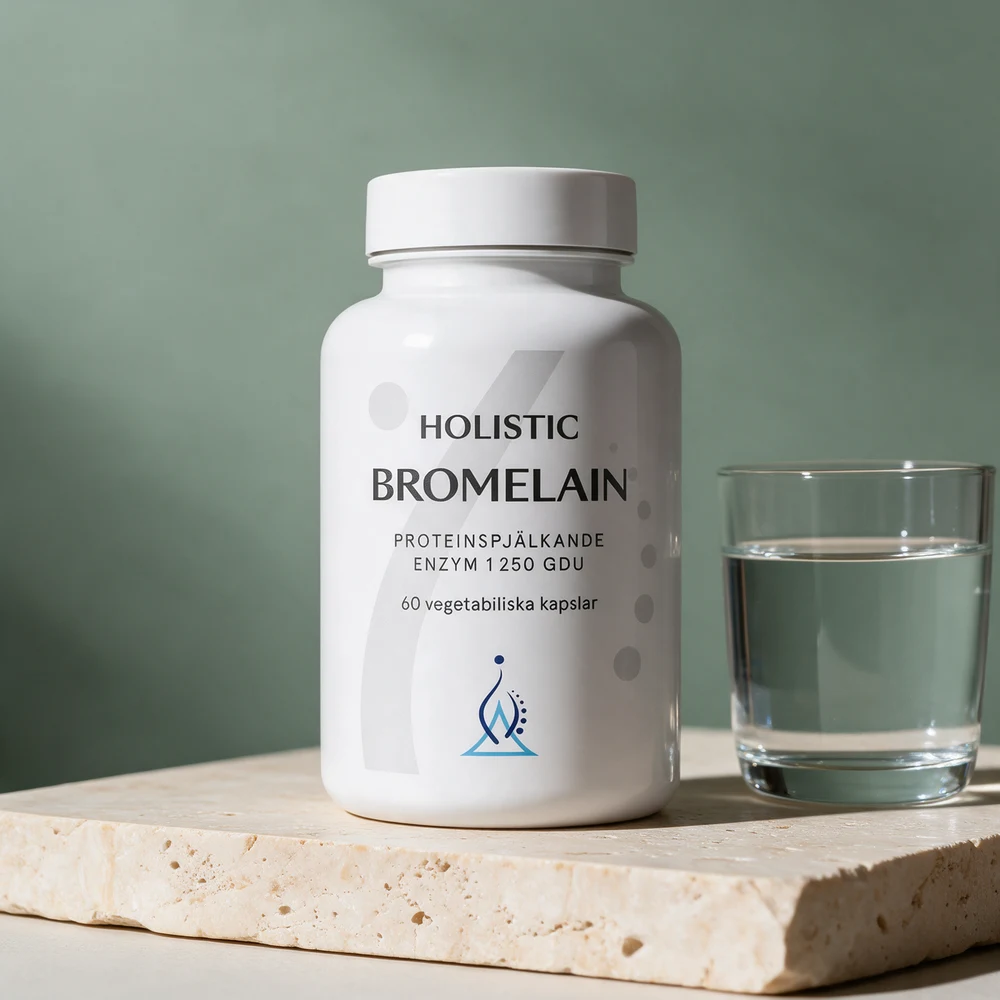 Holistic Bromelain med 1 250 GDU og 60 vegetabilske kapsler på etiketten