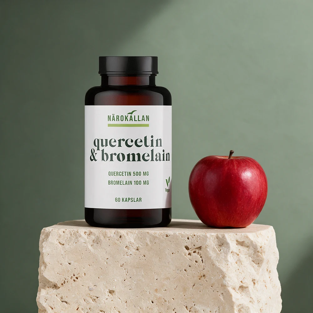 Närokällan Quercetin & Bromelain med 500 mg quercetin og 100 mg bromelain på etiketten