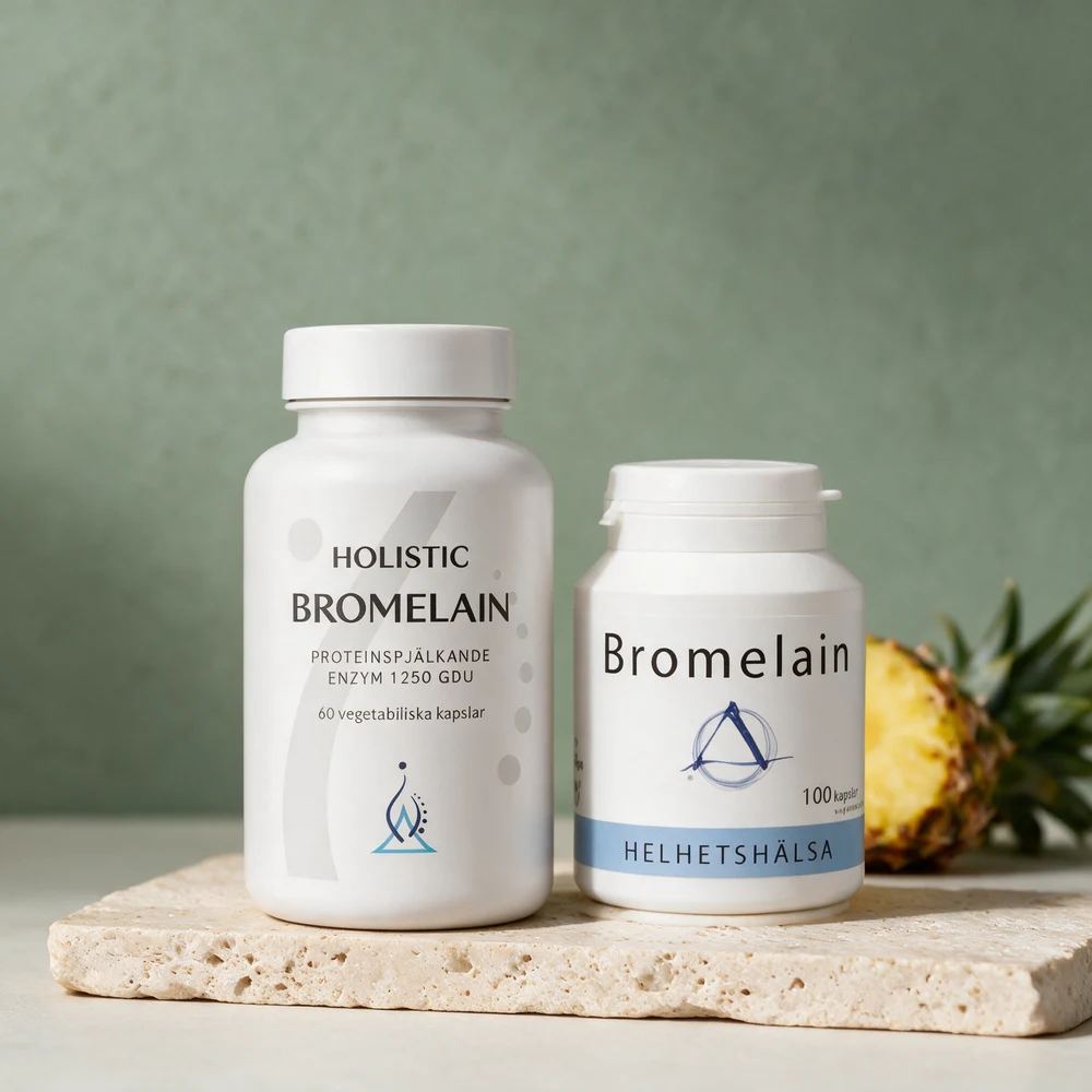 Holistic Bromelain med «1250 GDU» på etiketten ved siden av Helhetshälsa Bromelain