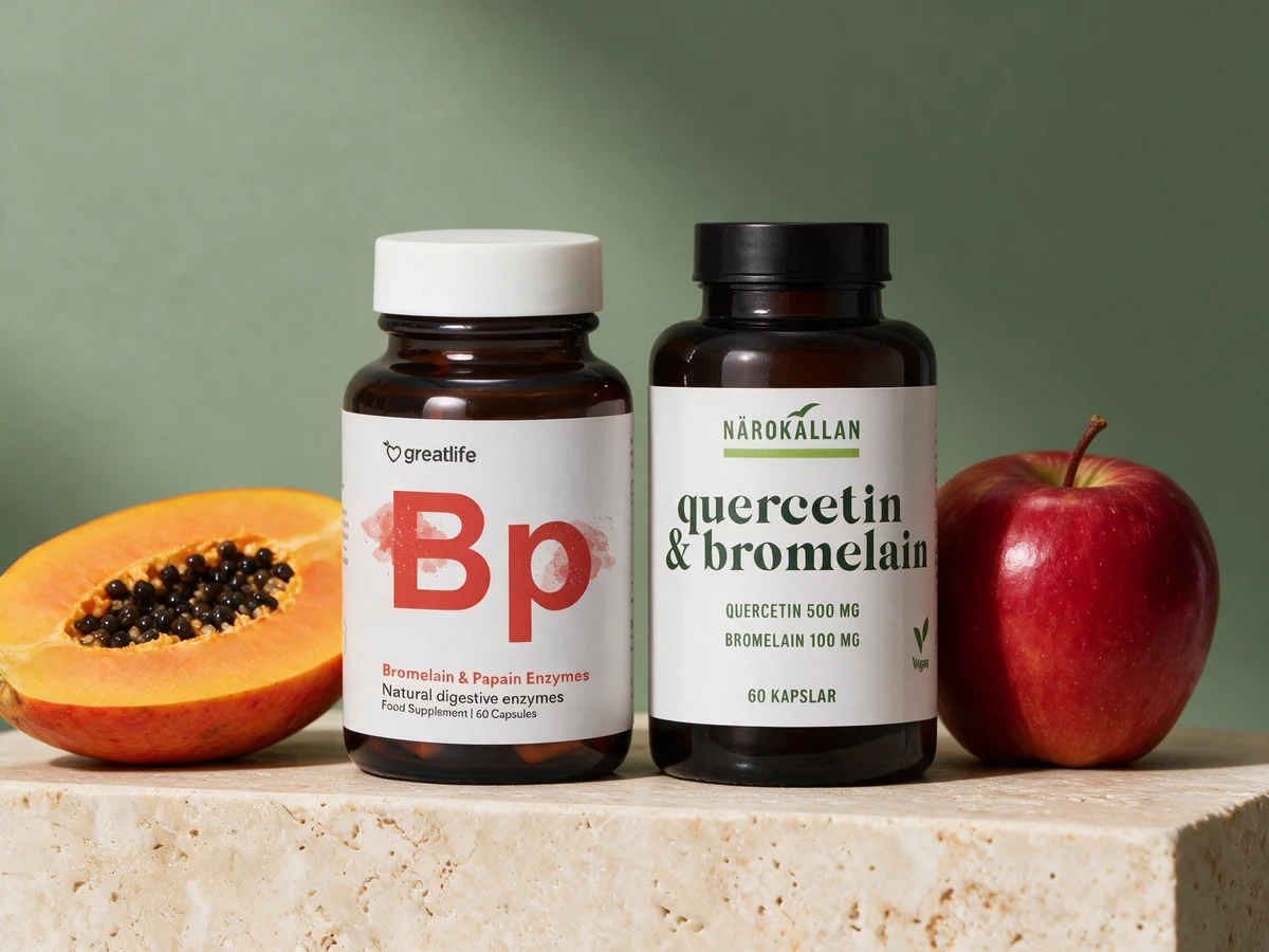 Greatlife Bromelain & Papain og Närokällan Quercetin & Bromelain med 500 mg quercetin og 100 mg bromelain på etiketten