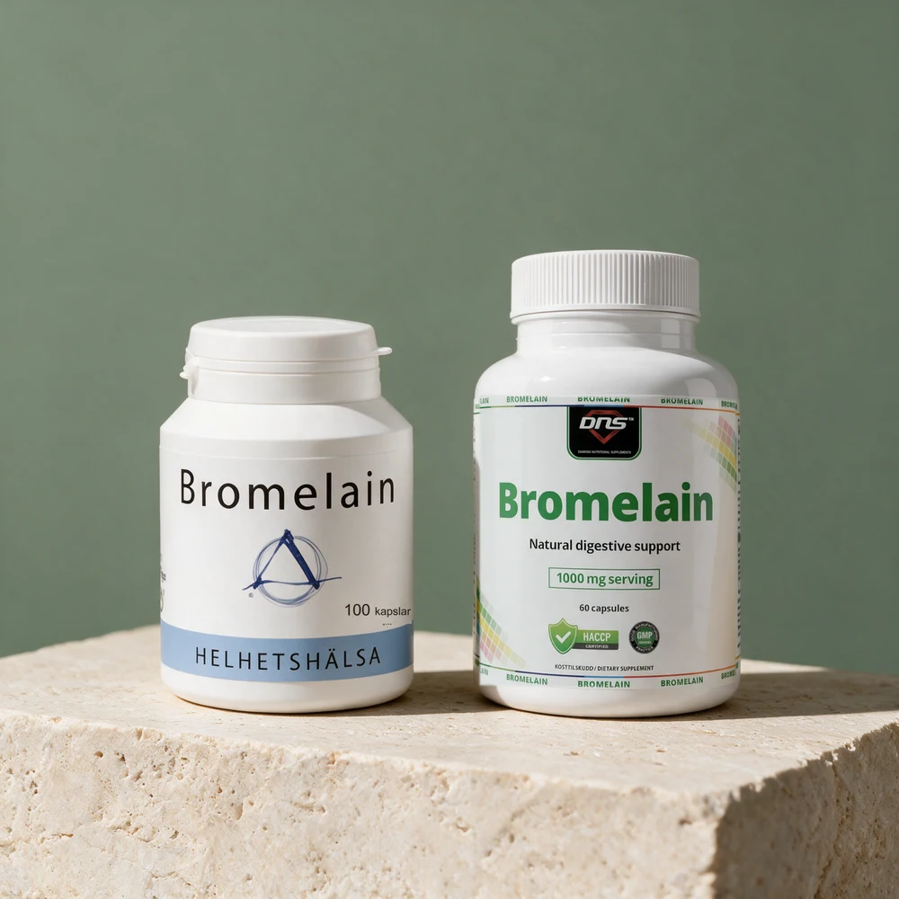 Helhetshälsa Bromelain og DNS Bromelain med «1000 mg serving» på etiketten