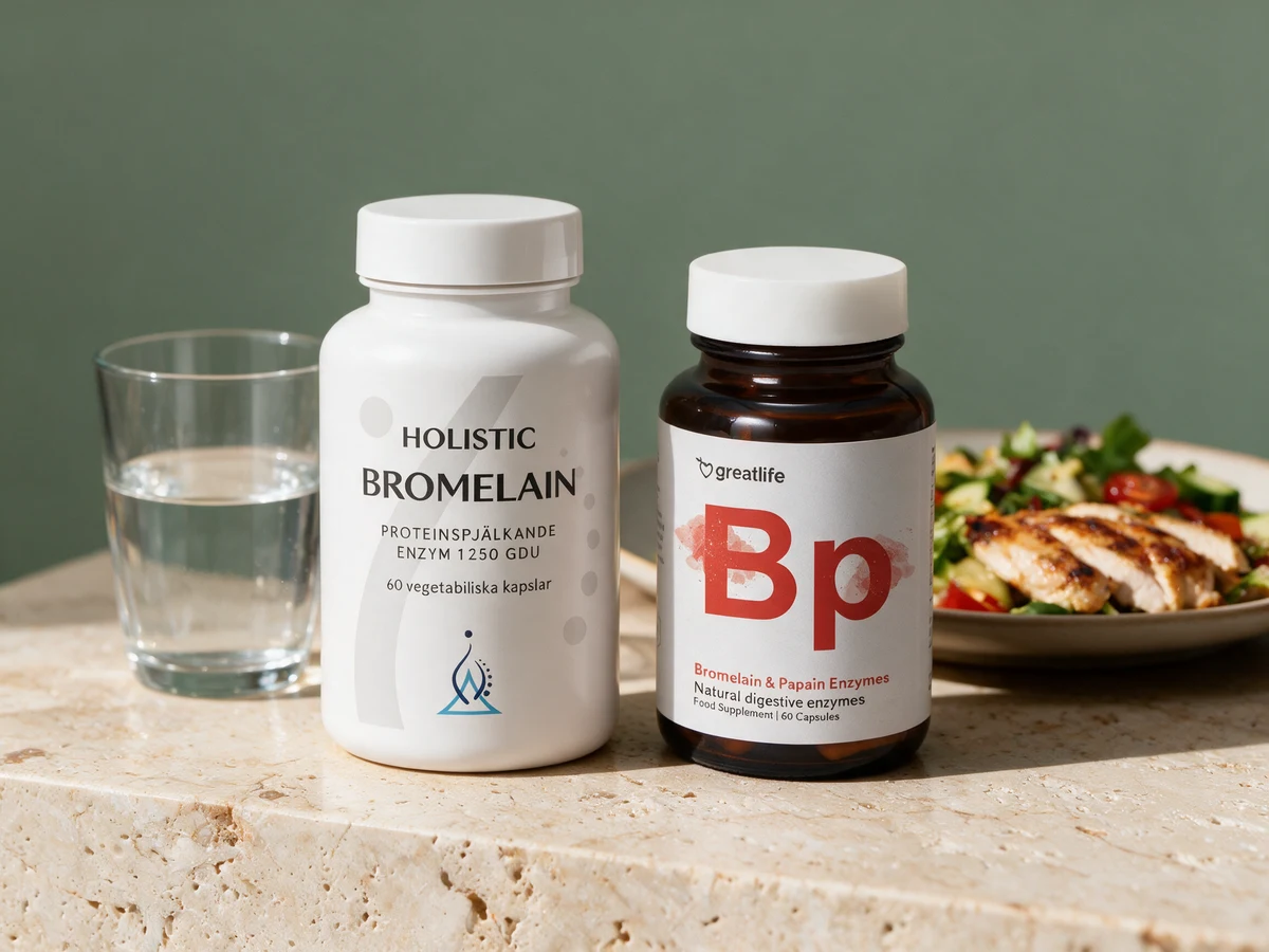Holistic Bromelain, som tas mellom måltidene, og Greatlife Bromelain & Papain, som helst tas til maten
