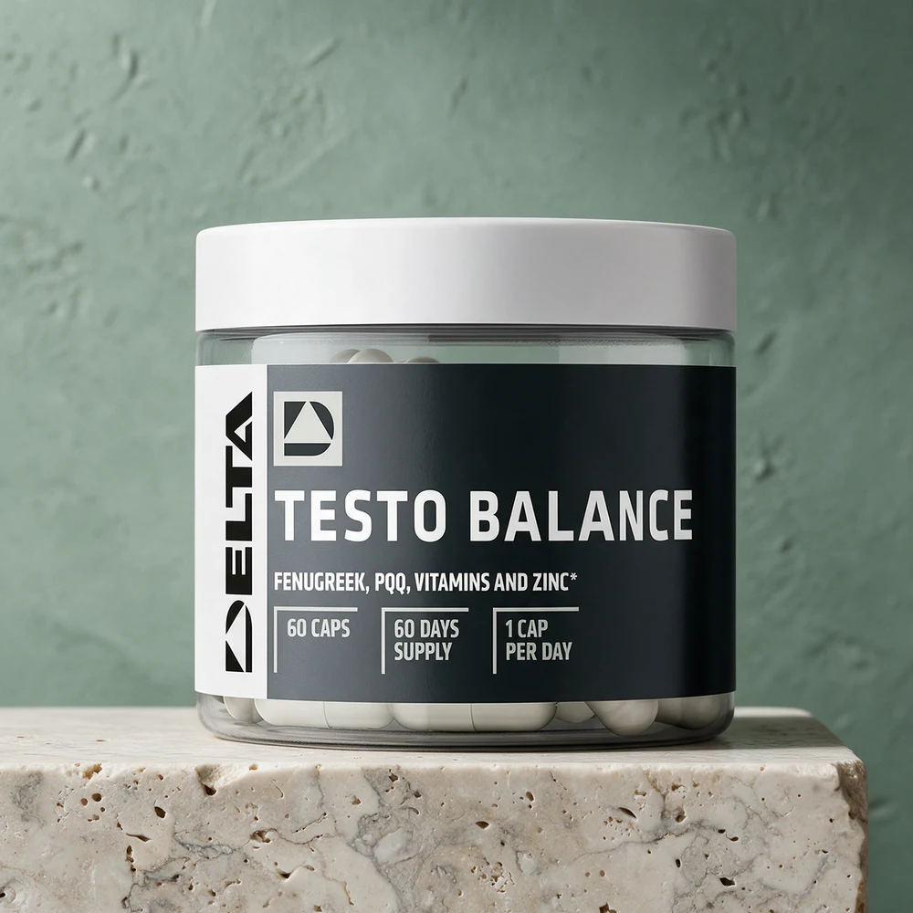 Delta Nutrition Testo Balance, klar boks med 60 kapsler synlige gjennom veggen