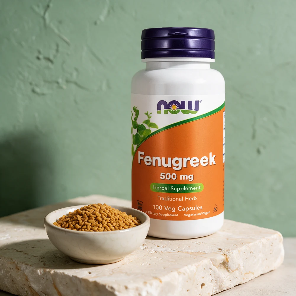 NOW Fenugreek 500 mg, boks med 100 vegetabilske kapsler