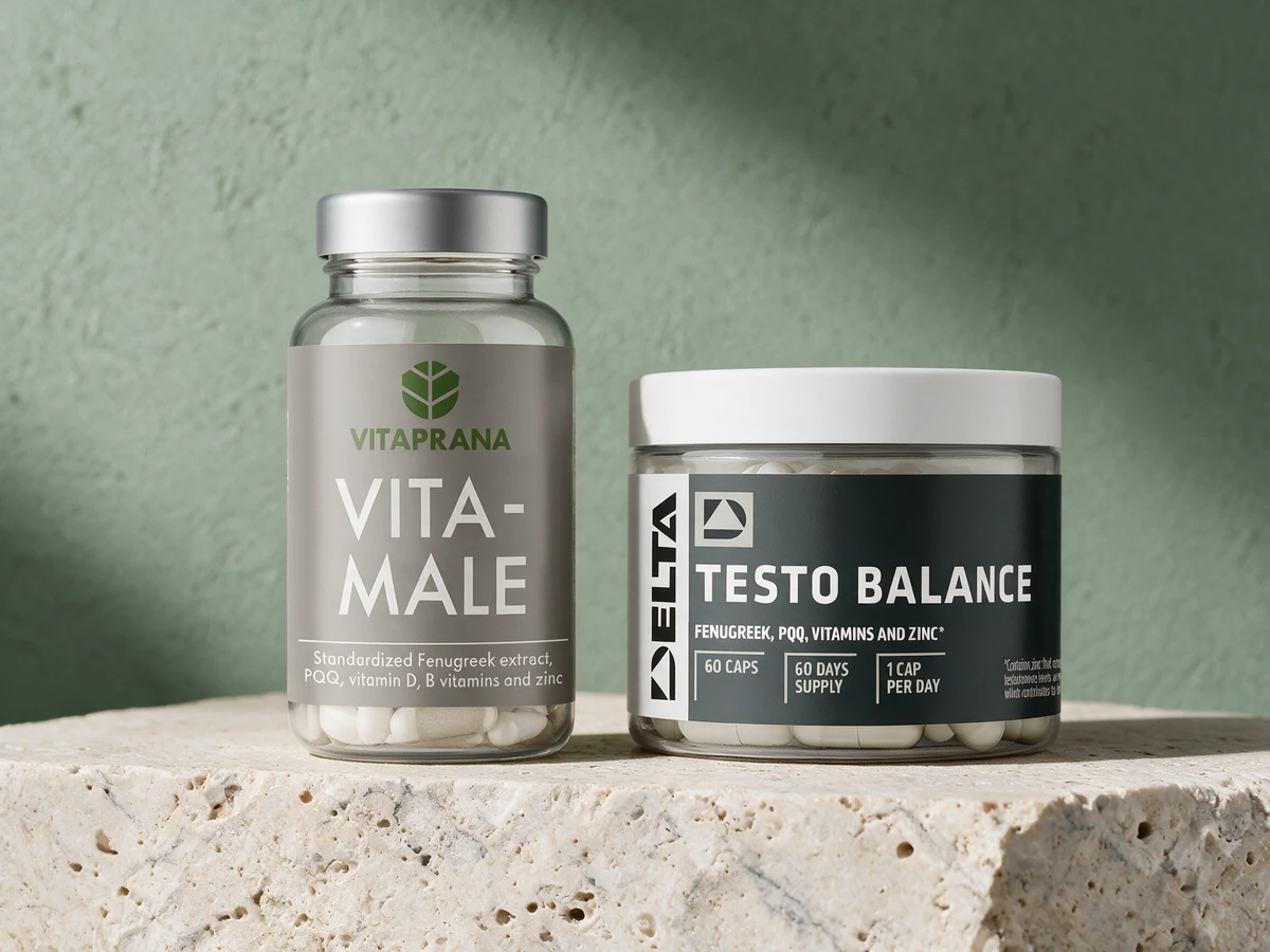 Vitaprana Vita-Male og Delta Nutrition Testo Balance, klare beholdere med hvite kapsler