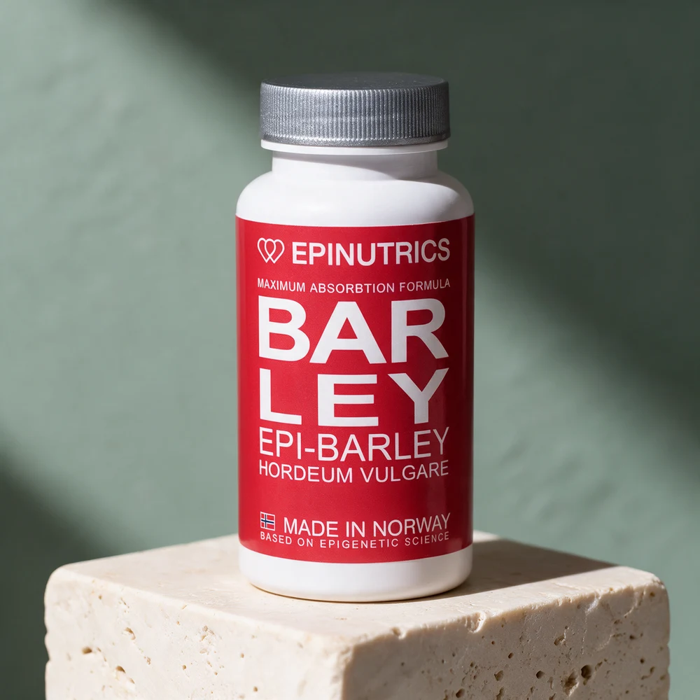 Epinutrics Epi-Barley, hvit kapselboks med rød etikett og sølvfarget skrulokk, merket «Made in Norway»