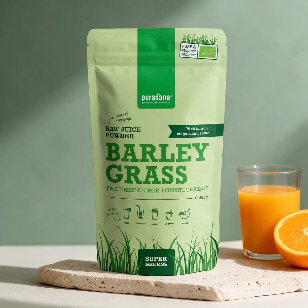 Purasana Barley Grass Raw Juice Powder, lysegrønn pose merket «200g» og «Pure & organic product»