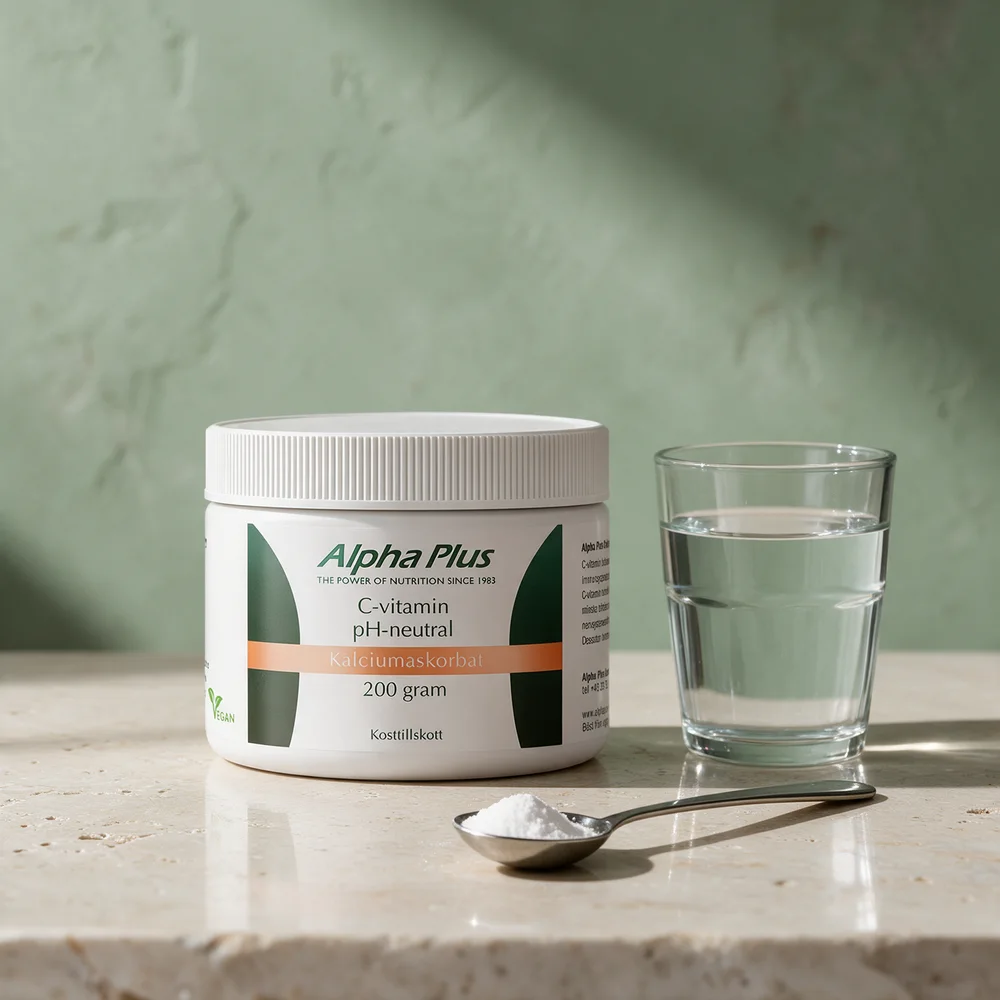 Alpha Plus C-vitamin pH-nøytral, boks med 200 gram kalsiumaskorbat og en fylt skje foran