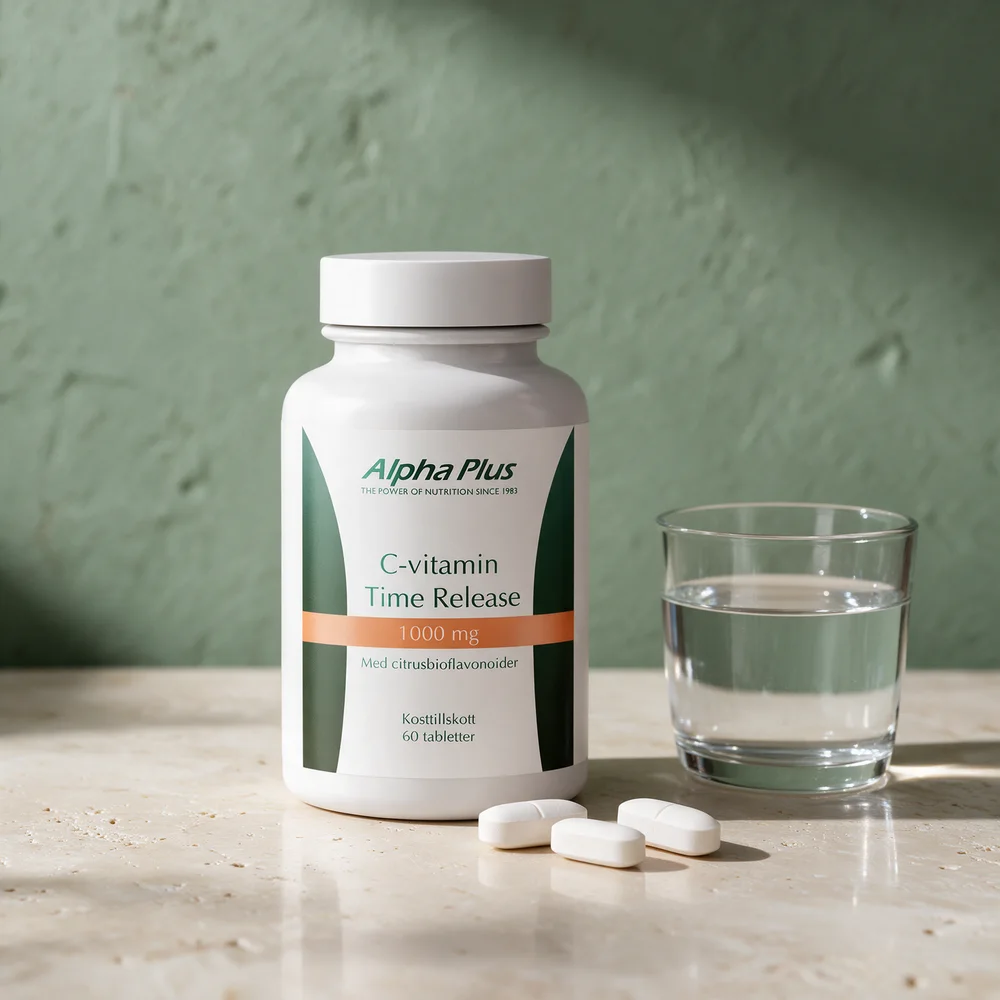 Alpha Plus C-vitamin Time Release 1000 mg, boks med 60 tabletter og tre avlange hvite tabletter foran