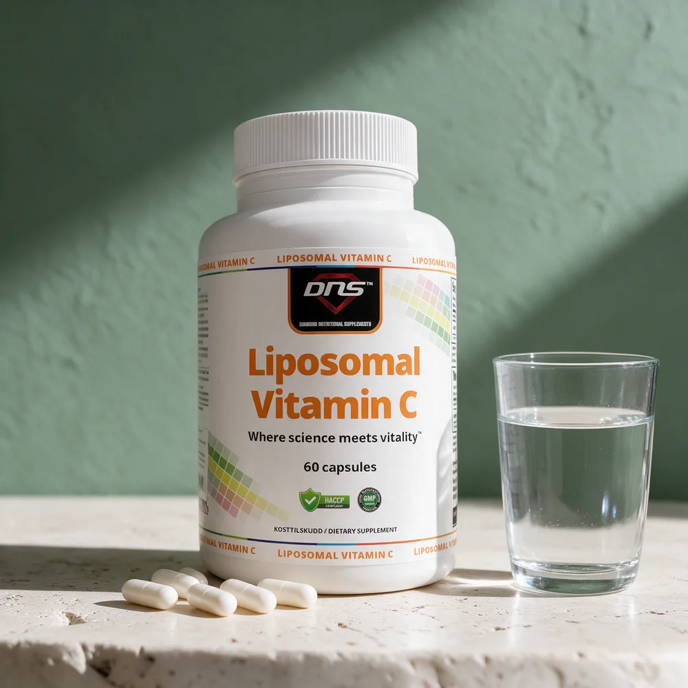 DNS Liposomal Vitamin C, boks med 60 kapsler og fire hvite kapsler foran