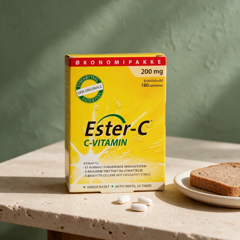 Ester-C Vitamin C 200 mg, økonomipakke med 180 tabletter og tre små hvite tabletter foran