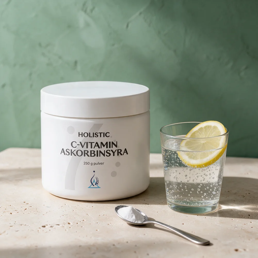 Holistic C-vitamin Askorbinsyre, boks med 250 g askorbinsyre og en skje pulver foran