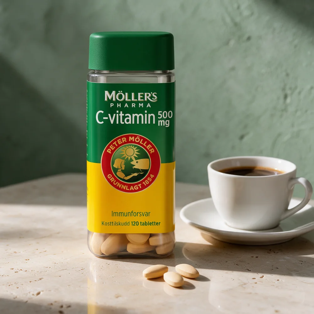 Møllers Pharma C-vitamin 500 mg, boks med 120 avlange, lysebeige tabletter og tre tabletter foran