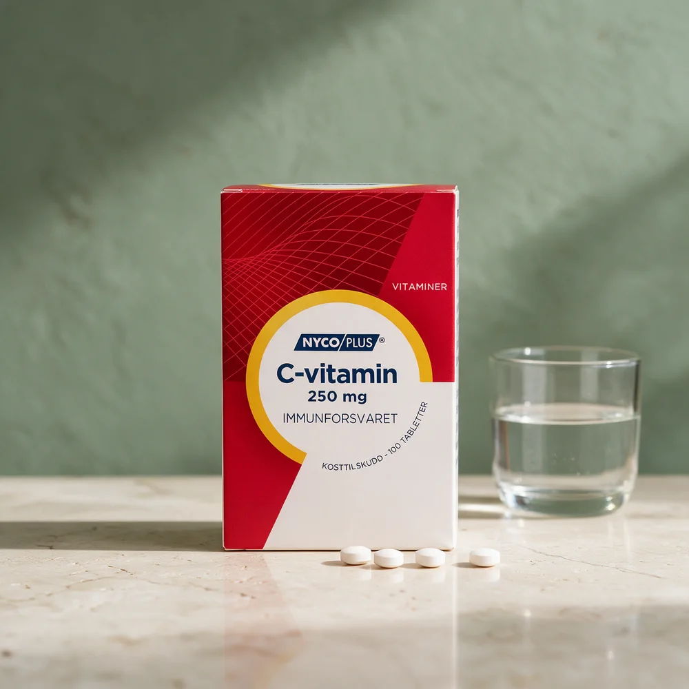 Nycoplus C-vitamin 250 mg, eske med 100 tabletter og fire små, runde, hvite tabletter foran