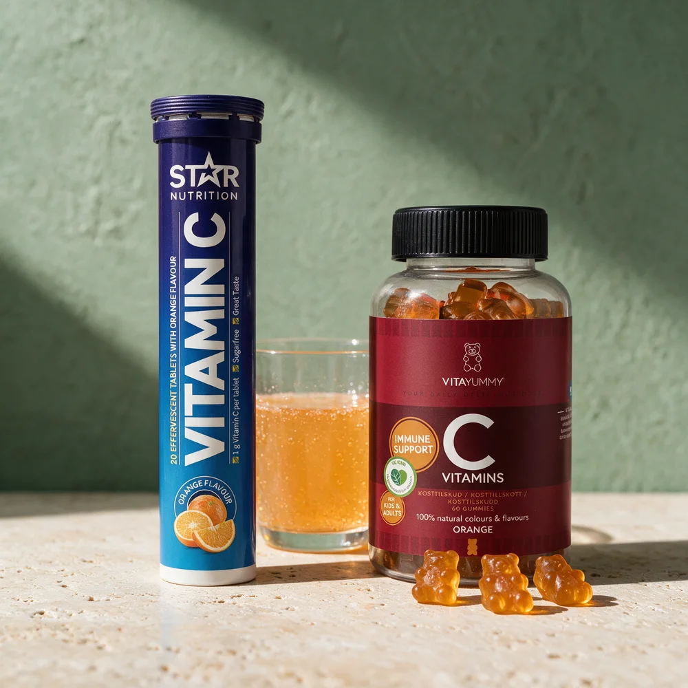 Star Nutrition Vitamin C brusetabletter og VitaYummy Vitamin C Gummies med appelsinsmak