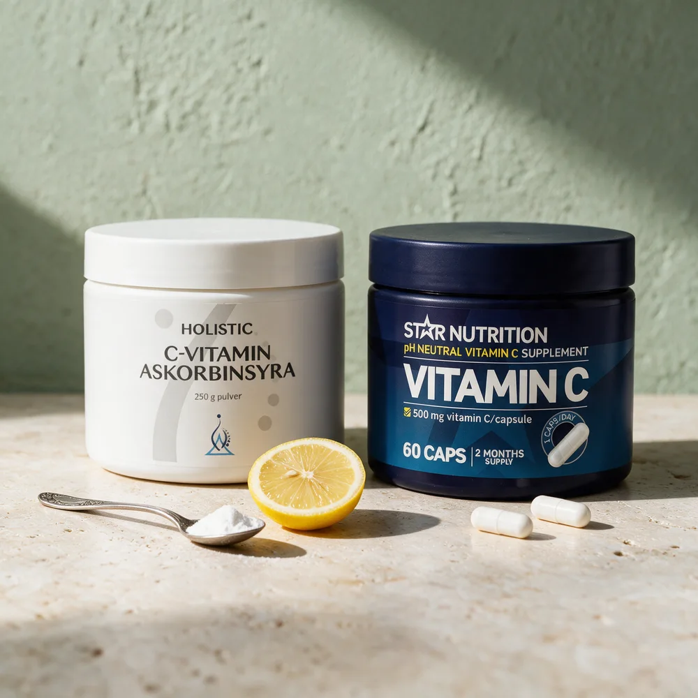 Holistic C-vitamin Askorbinsyre som pulver og Star Nutrition Vitamin C som kapsel med kalsiumaskorbat