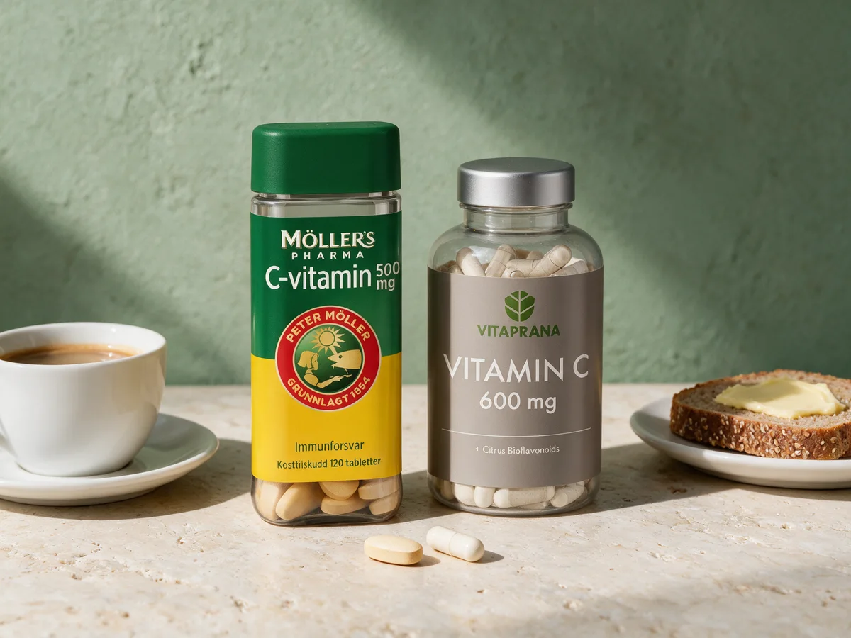 Møllers Pharma C-vitamin med overtrekk på tabletten og Vitaprana Vitamin C + Bioflavonoider i kapsel av pullulan