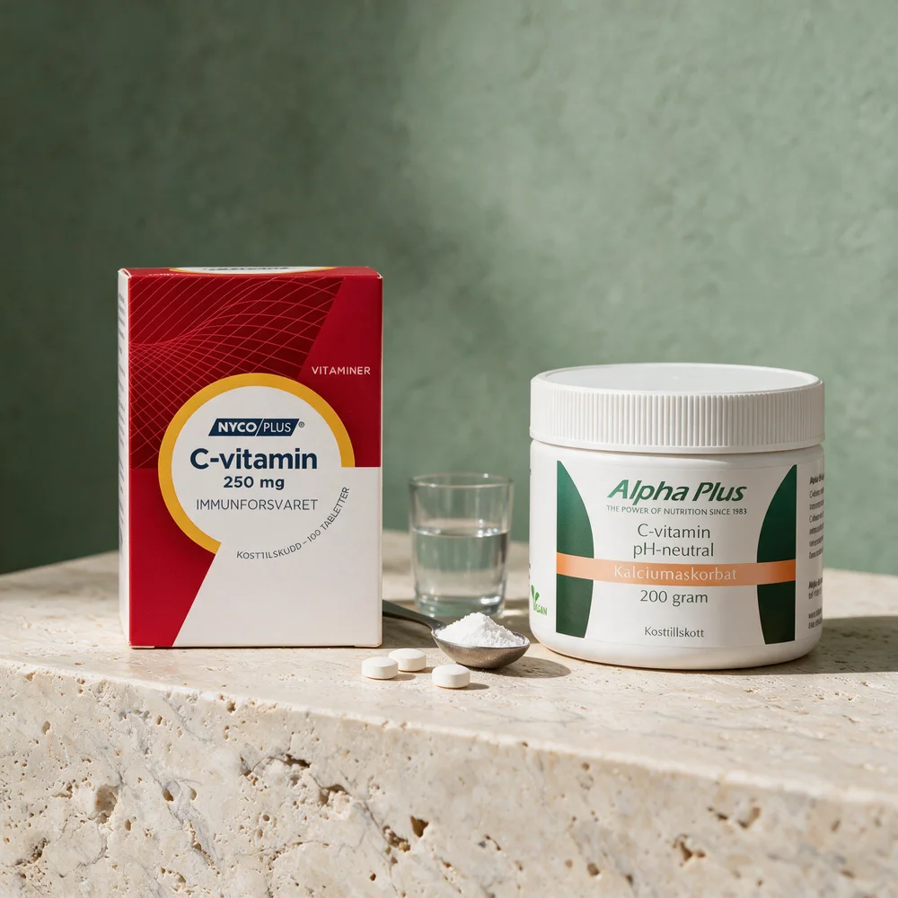 Nycoplus C-vitamin 250 mg som tablett og Alpha Plus C-vitamin pH-nøytral som pulver