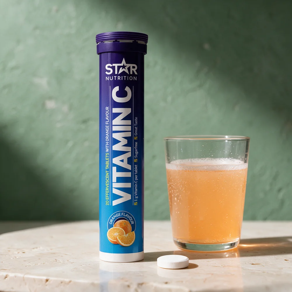 Star Nutrition Vitamin C brusetabletter, rør med 20 tabletter, en hvit brusetablett og et glass appelsindrikk