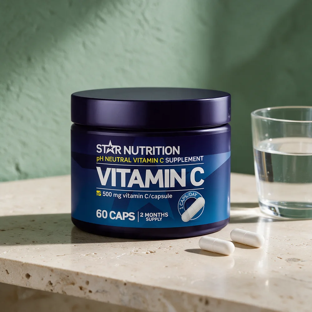 Star Nutrition Vitamin C, boks med 60 kapsler à 500 mg og to hvite kapsler foran